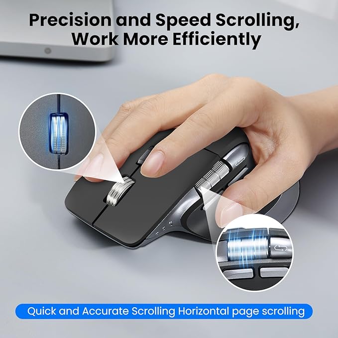 Wireless Bluetooth Mouse, Ergonomic Rechargeable Silent Mouse with Multi-Device, Adjustable DPI, Flying Scroll & Thumb Wheel, Bluetooth Mice for Laptop, Computer, Tablet, Smartphone (Black)