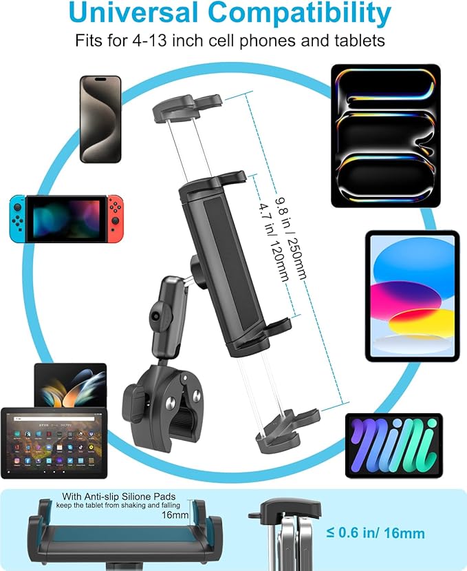 Tablet Yoke Mount, iPad Yoke Clamp Mount for Aircraft, 360° Adjustable Metal Arm Aviation Trainer Tablet Holder for iPad Pro 13 12.9 11, iPad Air Mini, Galaxy tab, iPhone, 4-13" Device