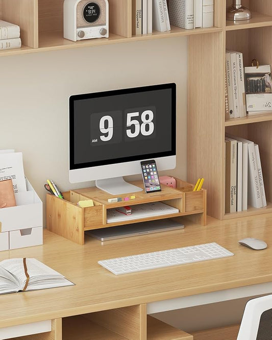 Ufine Bamboo Monitor Stand with Storage Compartments Ergonomic Computer Laptop Riser Small Space Organizer for Home Office