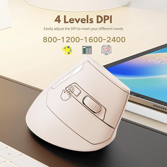 Vertical Mouse Wireless, 2.4G Rechargeable Mouse with Battery Indicator,4 Level DPI,Ergonomic Design for Comfort and Reduced Wrist Strain, Ideal for Home,Office Use (Pink)