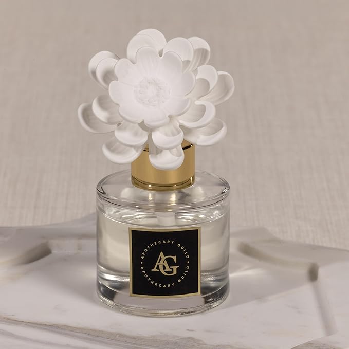 Zodax Apothecary Guild Blush Porcelain Oil Diffuser - Home Fragrance Diffuser Ideal for Living Room, Bathroom, Office - Makes a Great Gift - Porcelain Flower Design - Fig Vetiver - 1.69 Oz.