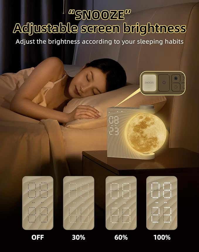 Sunrise Alarm Clock for Bedrooms - Auto-Rotating Moon Lamp with Wake-Up Light & Night Light, 10 Nature Sounds, Dual Alarms for Heavy Sleepers, 30/60/90 Timer & Snooze