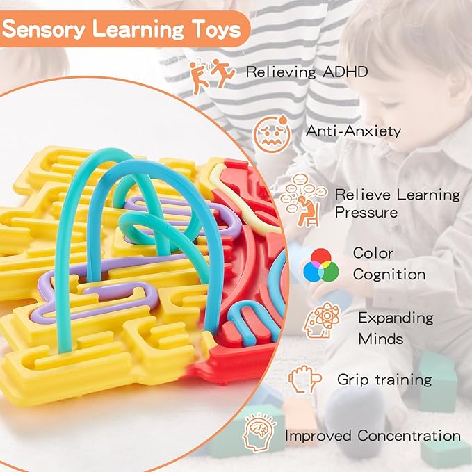 2 Pack Sensory Activity Board with 24 Random-Color Strings, Double-Sided Silicone Sensory Fidget Toy for Kids and Adults with Autism, ADHD, Silent, Stress Relief, Calming, Focus, Gift for Girls Boys