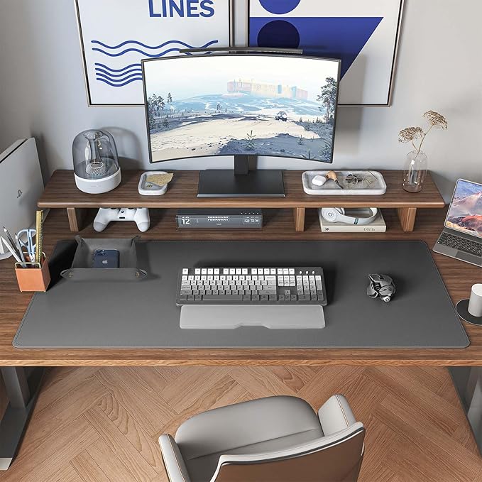 DAWNTREES Dual Sided Desk Mat,Leather Desk Pad,40"x16",Cork Desk Mat Protector,with PU Leather Valet Tray Organizer,Large Mouse Pad,Desk Writing Pad for Office and Home(Dark Gray)