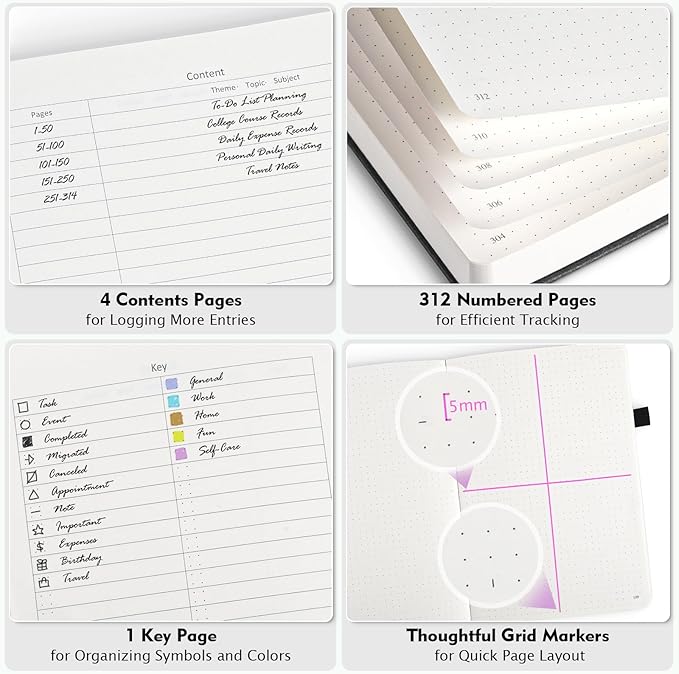 Bullet Dotted Journal, Large A4 Hardcover Leather Journal, 312 Numbered Pages Thick Journal, 100gsm No Bleed Paper Dot Grid Notebook for Women Men, 8.5'' × 11'', Grey Blue