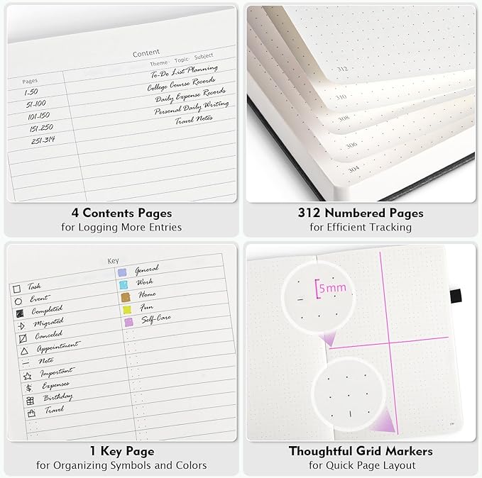 Dotted Journal Notebook, 312 Numbered Pages Large B5 Hardcover Leather Notebook, 100gsm No Bleed Paper Dot Grid Notebook with Index Pages, Dot Journal for Women Men, 7.6'' X 10'', Black