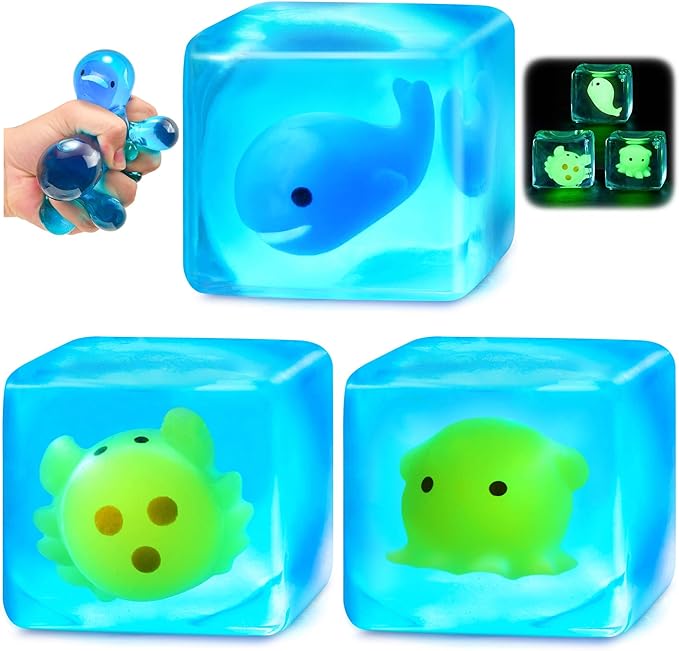 Squishy Stress Cube Fidget Toys Adults - Glow in The Dark Sensory Toys for Kids with Autism Stress Balls for Kids Squeeze Toys for Anxiety Stress Relief Gifts Whale Crab Octopus