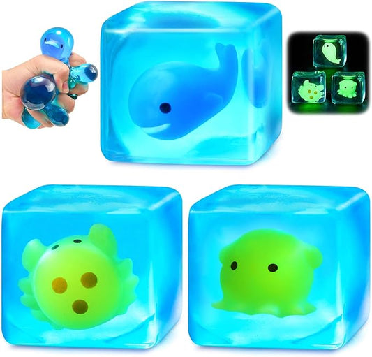 Squishy Stress Cube Fidget Toys Adults - Glow in The Dark Sensory Toys for Kids with Autism Stress Balls for Kids Squeeze Toys for Anxiety Stress Relief Gifts Whale Crab Octopus