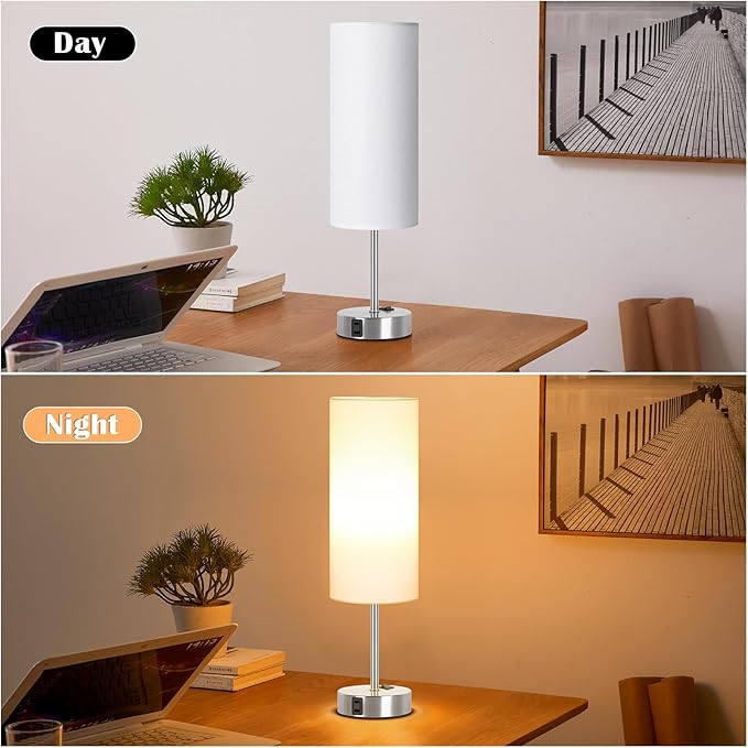 ZJOJO Table Lamp for Bedroom 2 Pack,18in Bedside Lamps with 3 Way Dimmable Rocker Switch & AC Outlet,Nightstand Desk Lamp with White Fabric Shade Nickel Basee for Living Room Home Decor Lights