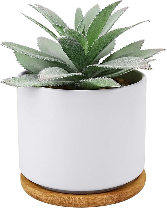 Hopewood Succulent Plants Artificial - Faux Agave Succulent Plant in Ceramic Pots with Bamboo Tray for Office Desk Living Room Decor(5.9inch)