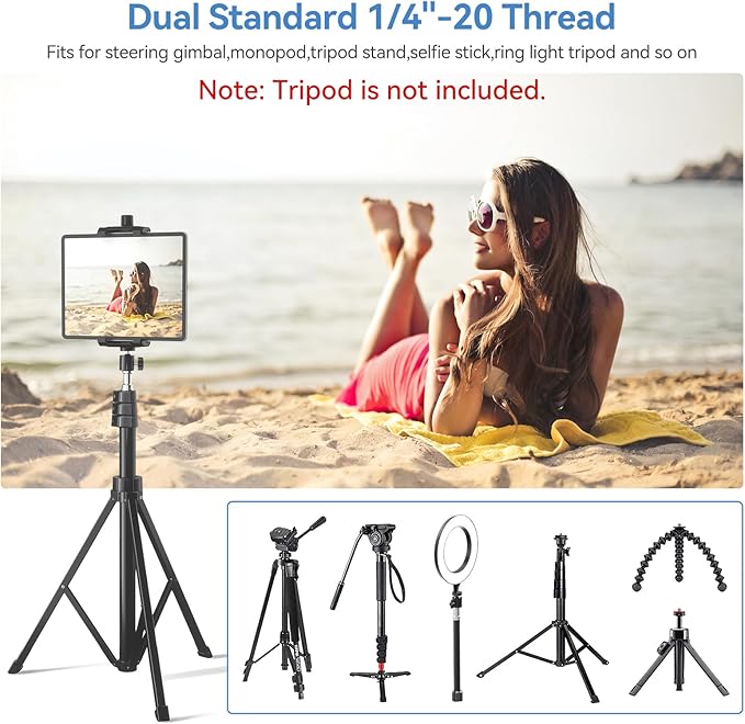 KDD iPad and Phone Tripod Mount Adapter with Ball Head, iPad Holder for Tripod, 360 Rotatable Tablet Clamp Mount fits iPad Pro 12.9, Air Mini 3 4, Galaxy Tab, Surface Pro, Selfie Stick(5.3-10.6")