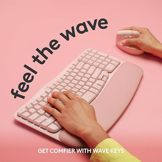 Logitech Wave Keys Wireless Ergonomic Keyboard with Cushioned Palm Rest, Comfortable Natural Typing, Easy-Switch, Bluetooth, Logi Bolt Receiver, for Multi-OS, Windows/Mac - Rose