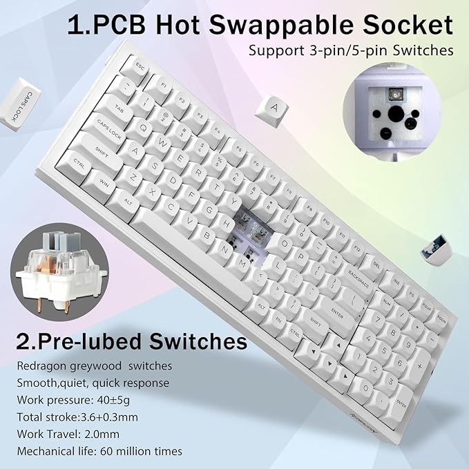 Redragon K723 Wireless Mechanical Gaming Keyboard Creamy, Hot Swappable Pre-lubed Linear Switches, Gasket Structure, Tri-Mode BT5.0/2.4GHz/USB-C, RGB Backlit, Custom for PC/Mac/PS/Xbox, White