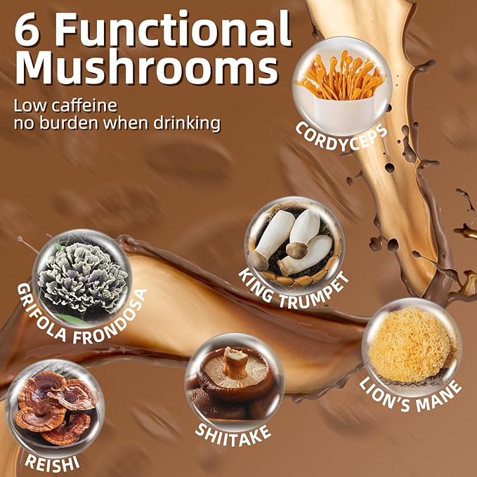Mushroom Coffee - Instant Coffee Powder with Organic Lion’s Mane, Reishi, Cordyceps, Turkey Tail, King Trumpet & Shiitake, Energy, Focus, Digestion & Immune Support, 30 Servings