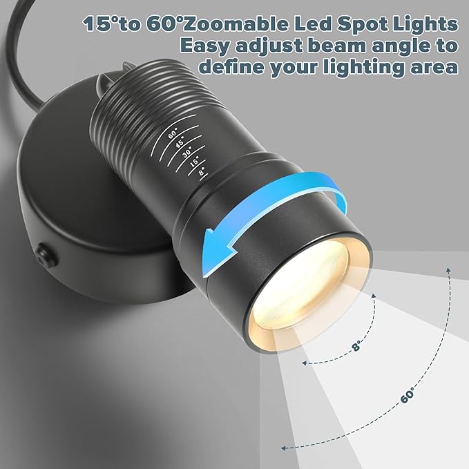 Junview 2Pack Spot Lights Indoor 8° to 60° Zoomable Focus Head Uplighting Indoor with Timer and Remote Stepless Adjustable Color Temperature and Dimmable Accent Up Lights for Plant Artwork Pictures