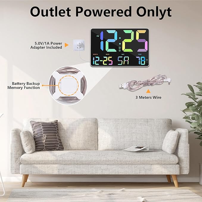 Amgico RGB Digital Alarm Clock with Snooze,Temperature,Auto Dimming,11.5" Large Display Calendar,Desk/Wall Clock for Bedroom,Living Room,Office,Home,Classroom,Kids,Elderly