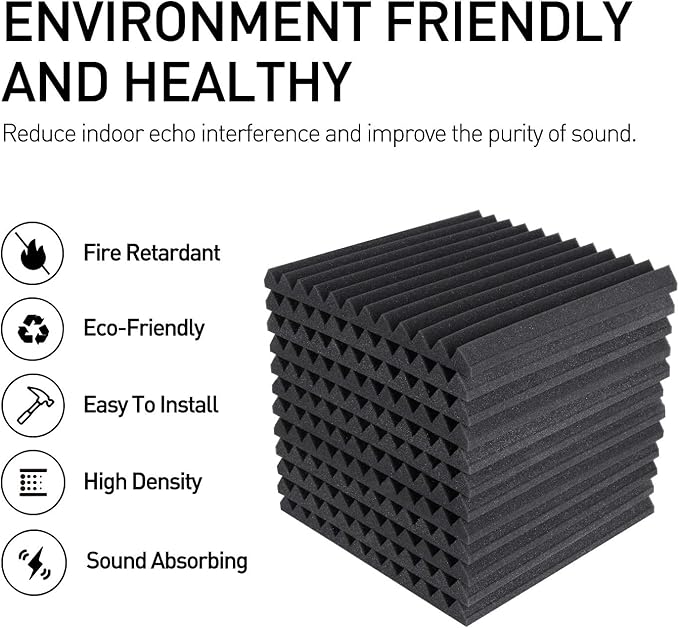 24 Pack Acoustic Foam Panels 1" x 12" x 12" Sound Proof Foam Panles Soundproofing Noise Cancelling Wedge Panels for Home Office Recoding Studio with 240PCS Double-Side Adhesive