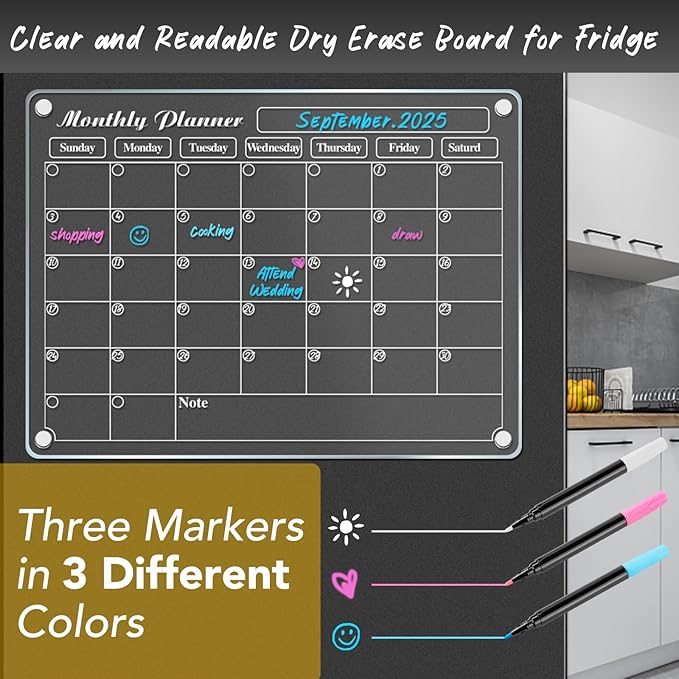 DIYMAG Fridge Skylight Calendars,15" x 11" 2025 Planning Pads Acrylic Magnetic Digital Calendar for Refrigerator Transparent Dry Erase Monthly Planner Whiteboard with 3 Colors Markers