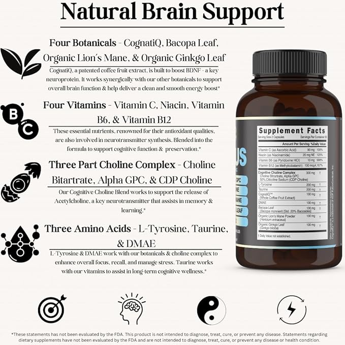 Focus 14-in-1 Nootropic Brain Supplement with Lions Mane, Alpha GPC Choline, Vitamin C & B12, Taurine, Bacopa - Energy, Cognitive, Memory Support, 60 Filler Free Capsules