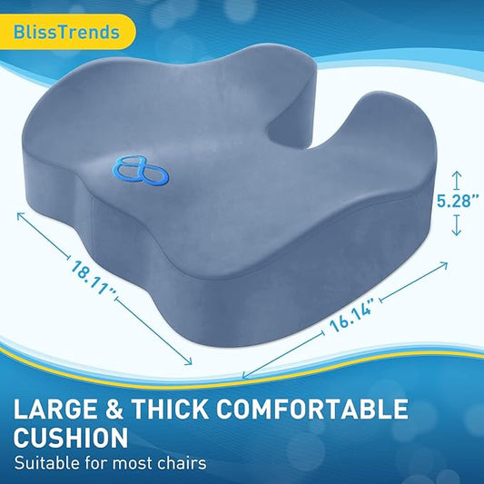 BlissTrends Seat Cushion,5.2in Thick Memory Foam Cushions for Office Chair, Car Seat, Airplane, Relieving Pressure Tailbone Sciatica Back Pain for Long Sitting Office Workers, Car Drivers LightBlue