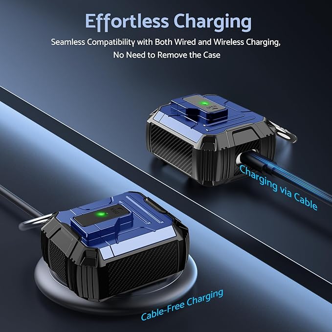 DASFOND Armor Cover AirPods 2nd & 1st Generation Case, Military Grade Full Body Shockproof Protection Hard Case, Support Wireless Charging with Keychain, Magnetic Lid, Front LED Visible, Blue