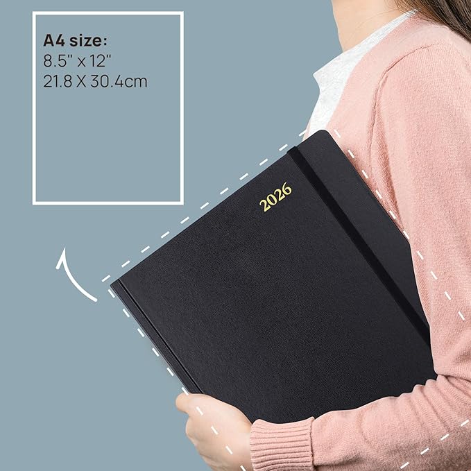 POPRUN 2026 Daily Planner One Page Per Day Even Weekends A4 Large Size (8.5" x 12") - 12 Months Calendar Hourly Appointment Book with Inner Pocket, Pen Holder, Hardcover - Navy Blue