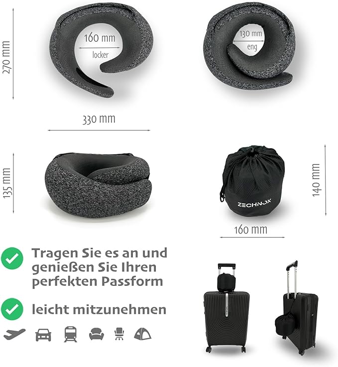 Ergonomic Travel Neck Pillow with Stowable Hood,Neck Pillow Airplane,Premium Memory Foam,360º Contoured Design,Washable Cover,Complete Travel Set,Ideal for Airplane,Car and Office (Black)