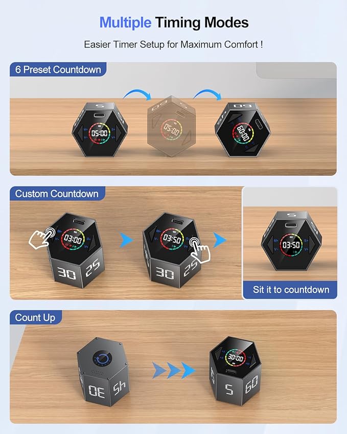 Pomodoro Timer Cube, Hexagon Productivity Timer, Pause & Resume, Silent, Vibrate & Adjustable Sound Alert, for ADHD, Task, Work, Study, 5/15/25/30/45/60min & Custom Countdown,Gray