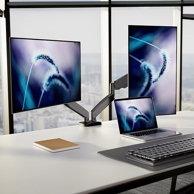 Mount-It! Dual Monitor Desk Mount – Full Motion Gas Spring Arms, Fits 13 to 32 Inch Screens, Holds 17.6 lbs per Arm, Dual Monitor Stand, VESA Mount, C-Clamp & Grommet Base
