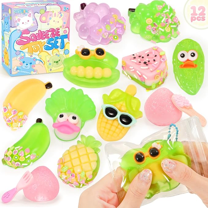 Squeeze Squishy Toys for Kids, 12Pcs Fruit Vegetables Sensory Fidget Toys, Easter Egg Fillers Party Favors Treasure Box Toys for Classroom Stress Relief Gifts Travel Cute Stuff for Boys Girls