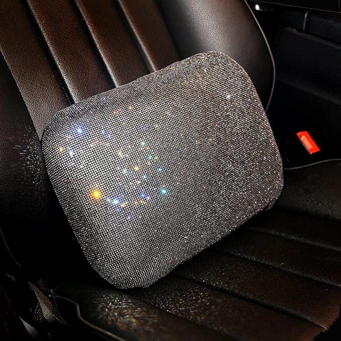 Lumbar Support Pillow Summer Decorative for Car Soft Bling Accessories Sparkly Diamond Rhinestone for Women Girls, Universal Office Chair Lower Back Cushion Rubber Black