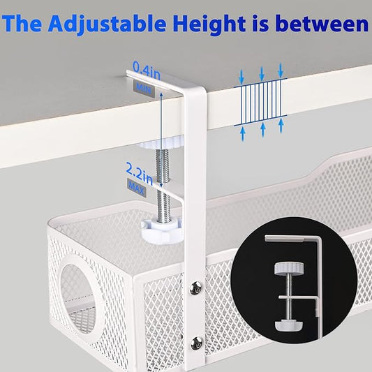 Clamp-On Under Desk Cable Management Tray – No Drill Metal Cord Organizer for Power Strips & Wires – Easy to Install Under Table Cable Holder (White)