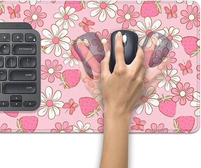 Strawberries and Flowers Extended Desk Pad Mouse Pad,Large Gaming Butterfly Floral Mouse Mat with Stitched Edges,Non-Slip Rubber Base Mousepad for Office PC Keyboard Laptop Home
