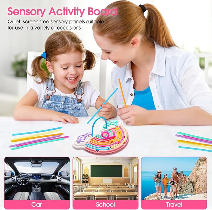 Fidget Toys Sensory Activity Board, Silicone Sensory Toys for Stress Anxiety Autistic ADHD Calming, Kids 3+ & Adults, Travel Bag & 12 Strings, Rainbow (Pink)