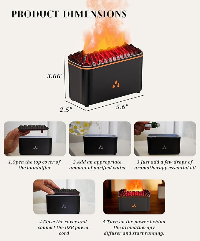 Essential Oil Diffuser, Fireplace Flame Aromatherapy Diffuser, 7 Color Changing Light, Aromatherapy Humidifier with Auto Shut-Off for Home, Bedroom, Yoga, Spa(Black)