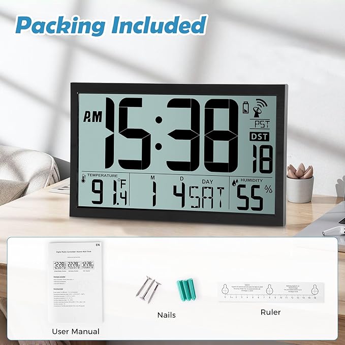 SZELAM Atomic Clock,16.7" Large Display Digital Wall Clock Battery Operated,Digital Calendar Auto Setting Desk Clocks with Indoor Temperature, Humidity,Date,Day,Auto DST for Elderly Bedroom Classroom