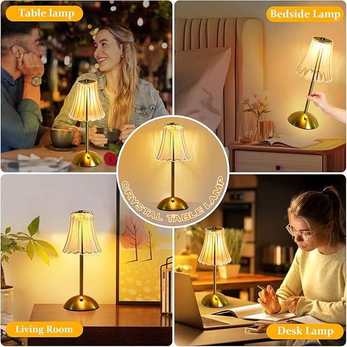 Cordless Table Lamp Rechargeable,LED 3 Colors Light Touch Dimmable Gold Small Lamp Decorative 12" for Nightstand,Bedside,Kitchen,Living Room 2600mAh High Capacity Battery Powered (Acrylic Flower)