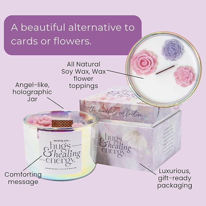 Hugs and Healing Energy Sympathy Candle. 12oz Wooden Wick Candle with Natural Soy Wax. Memorial, Grief Gift for Loss of Loved One, Get Well Soon Gift with Iridescent Glass Jar & Floral Design