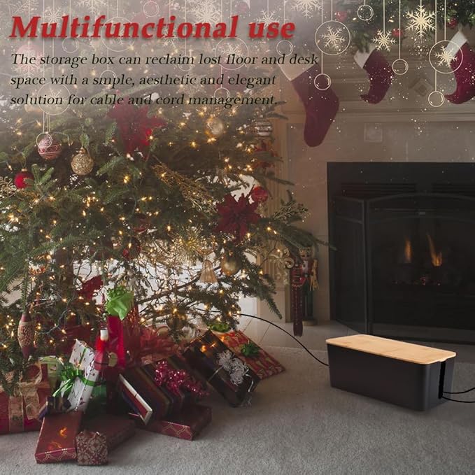 Cable Management Box, 2 Pack Bamboo Lid Large Storage Wires Organizer Holder for Home, Desk, TV, Computer, USB Hub - to Cover Hide Surge Protector Conceal Power Strips & Cords (Black)