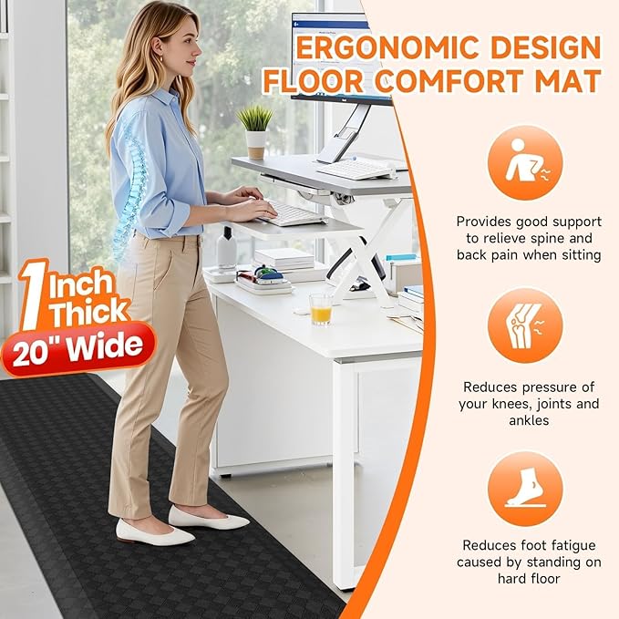 StepRite 1” Thick Kitchen Mats for Floor, Anti Fatigue Kitchen Rugs, Non-Slip,Heavy Duty Waterproof Kitchen Rug, Standing Desk Mat for Home, Kitchen, Office(Black)