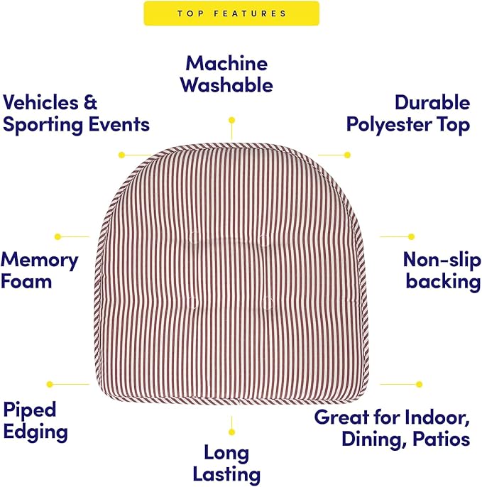 Sweet Home Collection Chair Cushion Memory Foam Pads Tufted Slip Non Skid Rubber Back U-Shaped 17" x 16" Seat Cover, 2 Count (Pack of 1), Pinstripe Burgundy