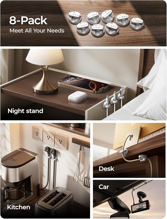 8 Pack Magnetic Cable Clips Organizer, LISEN Cord Holder for Nightstand [Smooth Adjustable] Adhesive Organizer for Cords Under Desk for Home Office Desk Car Wall Desktop Nightstand-White