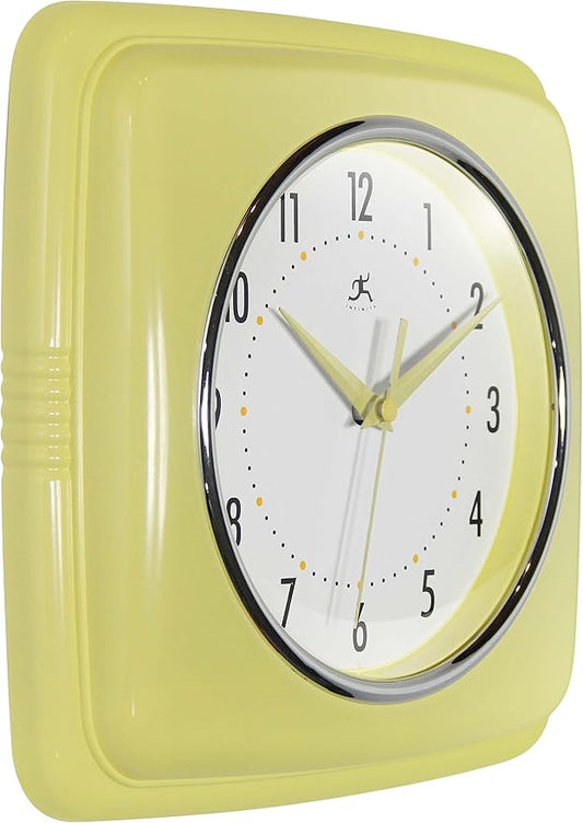 Infinity Instruments Retro Wall Clock – 9-Inch Square, Silent & Non-Ticking – Mid-Century Modern Vintage Design – Decorative Wall Clock for Kitchen, Office, or Diner – Yellow
