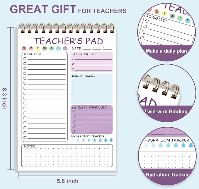 Teacher Notepad - Teacher To Do List Notepad, Spiral Checklist Notebook Organizer for Teachers Notes Task Appointment, Teacher Appreciation Gifts, 5.8'' x 8.3'', Purple