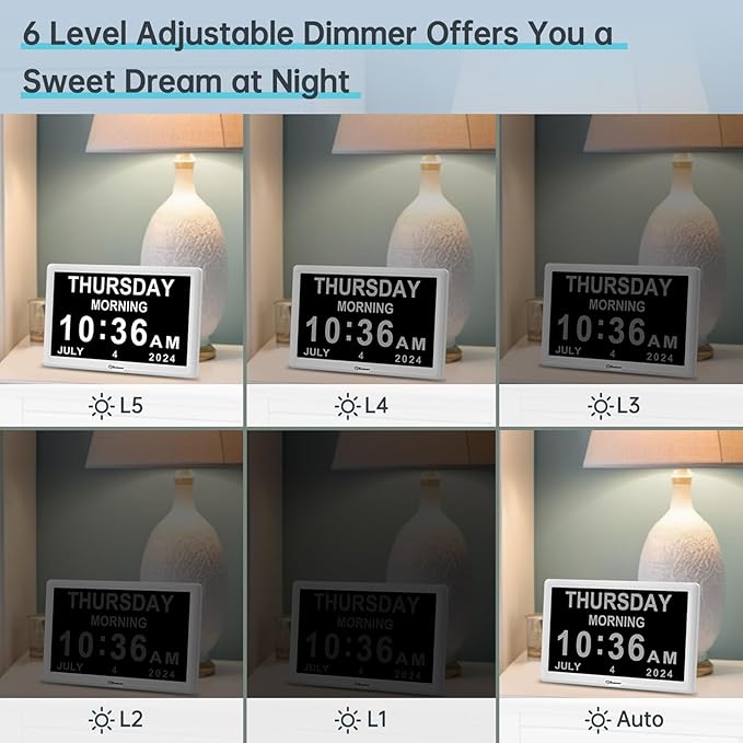 Soobest Digital Dementia Alarm Clock for Seniors Elderly, Electric Large Display Date Day of Week Time Calendar Clock 20 Reminders 3 Ringtones for Memory Loss Alzheimers, Auto DST/Dimmer, 1024*600P HD