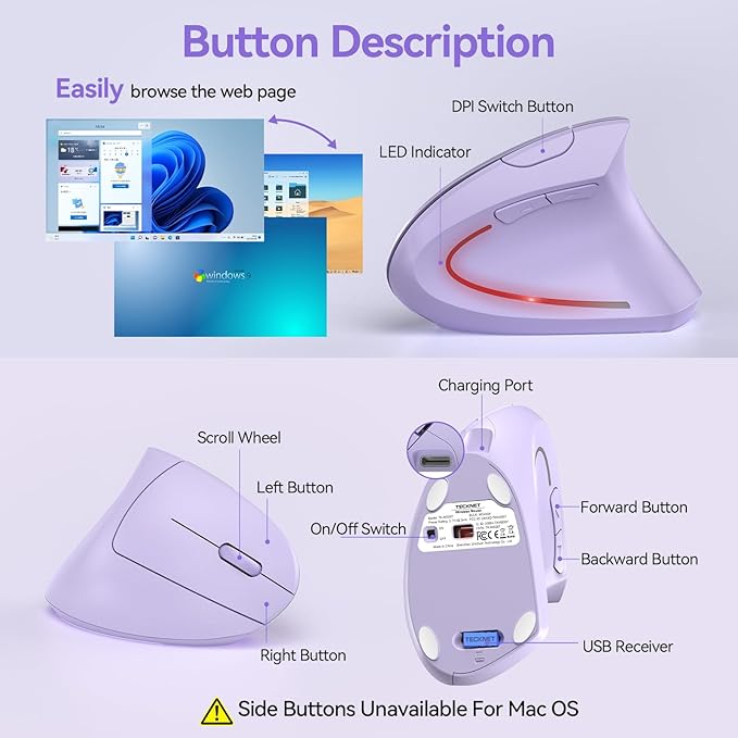 TECKNET Ergonomic Mouse Wireless, Rechargeable Mouse Wireless Silent for Carpal Tunnel Right Hand, 2.4GHz USB Vertical Mouse Wireless for Laptop, 5 Adjustable 4800 DPI, Computer, MacBook, Desktop