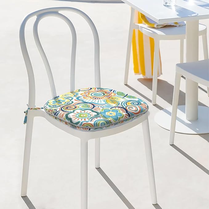 Indoor/Outdoor Chair Cushions 16x17 Inch, Patio Chair Cushions with Ties, All Weather Seat Cushions for Patio Furniture Home Garden Chair Use, Set of 4, Flower Blue