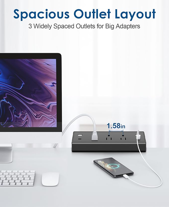 Desk Clamp Power Strip,40W Fast Charging Station,Desktop Mount Surge Protector,2 PD 20W USB C Ports,3 Outlets for Home,Office,Fit 1.9" Tabletop Edge (Black, 3 Outlets & 4 USB Ports & 15 FT Cable)