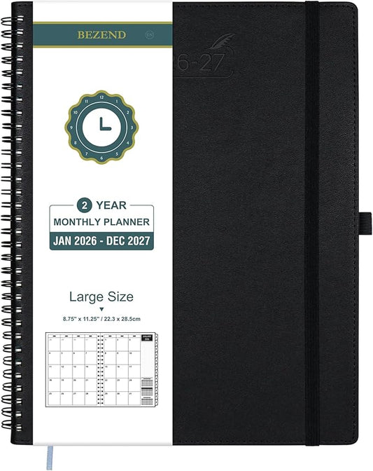 BEZEND Monthly Planner 2026-2027 (Spiral-8.5" x 11") 2 Year Calendar Book with Note Pages - Jan 26 to Dec 27-120 GSM Paper, Inner Pockets, Laminated Tabs, Vegan Leather Softcover - Black
