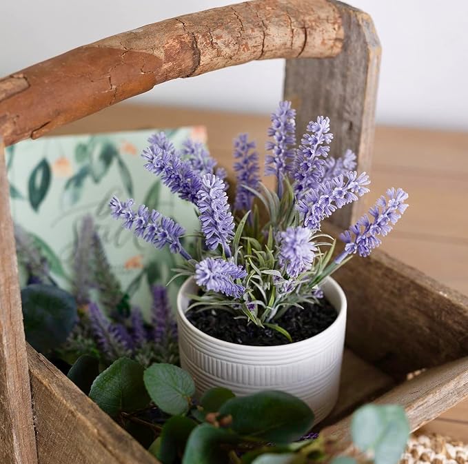 Kurrajong Farmhouse Large Fake Lavender Plant | 9" high Artificial Lavender Plant in White Matte Ceramic Pot | Pretty Faux Plant Desk Decor